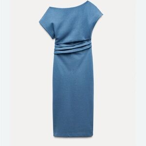 Zara Blue Wool Midi Draped Ruched Women's Dress large NWT